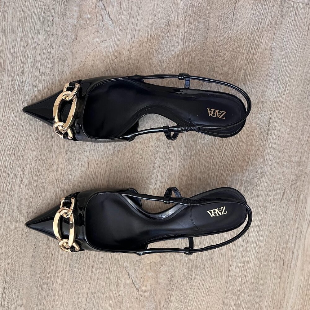 NWOT Zara Faux Leather Kitten Heels with gold detail, 7.5-8